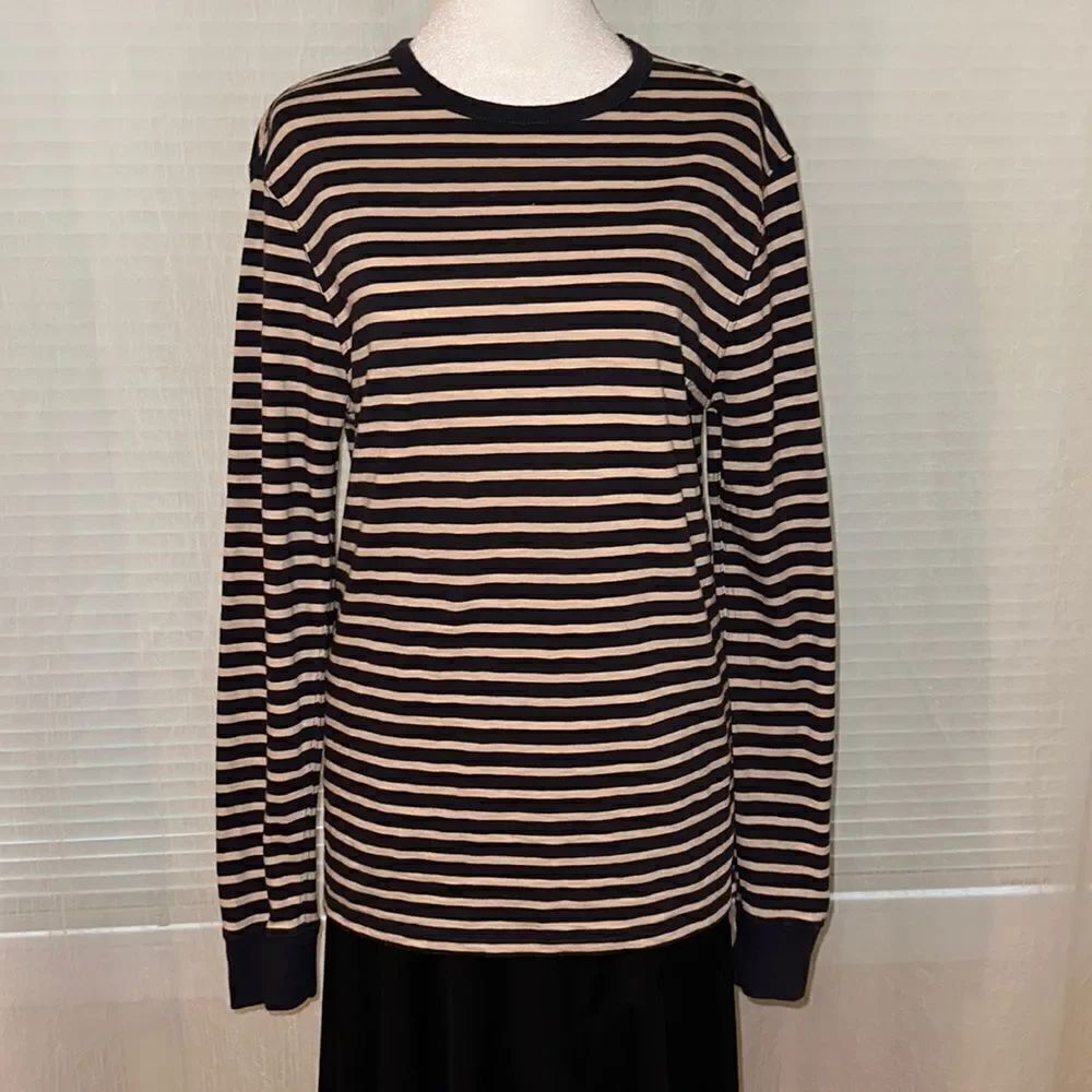 J. Crew S Authentic Knit Goods Navy Cream Striped Long Sleeve Crewneck Cotton T